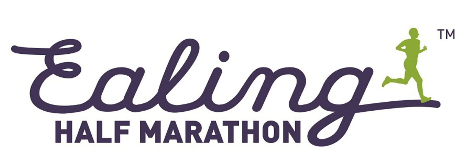 Logo for the Ealing Half Marathon featuring the word "Ealing" in a script font, "HALF MARATHON" in capital letters below, and a green silhouette of a running person to the right.
