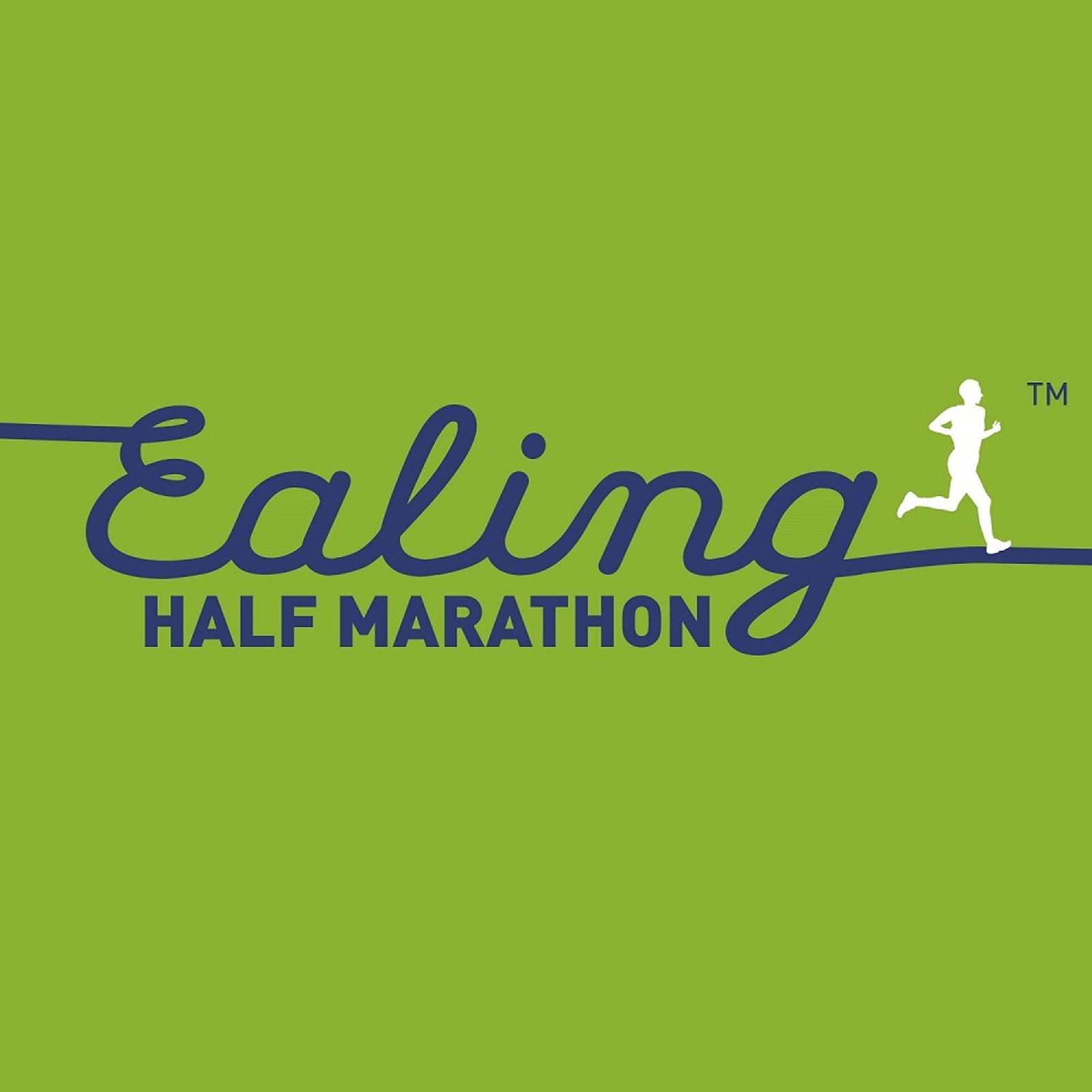 Logo for the Ealing Half Marathon on a green background, featuring cursive blue text "Ealing" with a silhouette of a running person, and "HALF MARATHON" in bold uppercase blue letters below.