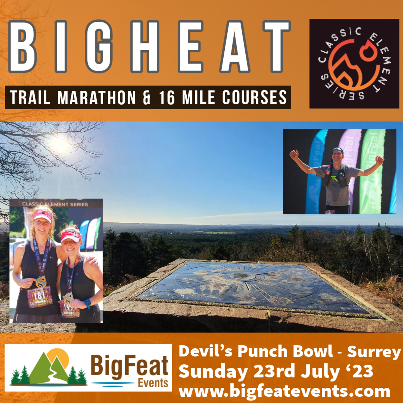 Promotional graphic for the "BigHeat Trail Marathon & 16 Mile Courses" by BigFeat Events. Features photos of two runners posing together, another runner celebrating, and a scenic trail view. Event info: Devil's Punch Bowl, Surrey, Sunday 23rd July 2023, www.bigfeatevents.com.