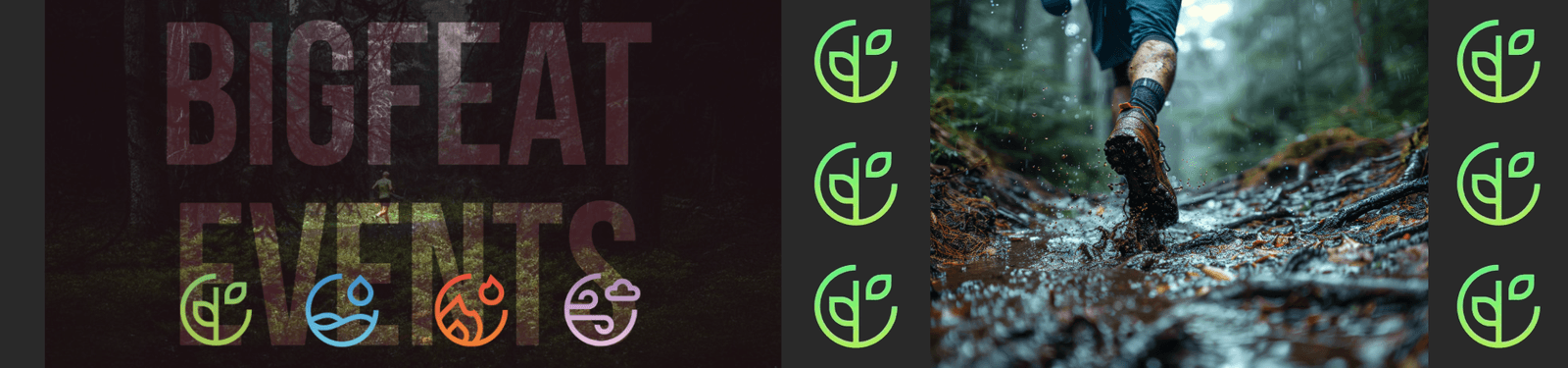 A split image: on the left, “BIG FEAT EVENTS” is written over a forest background with four colorful event icons below; on the right, a close-up of muddy trail running shoes. Green leaf logos frame both sides.