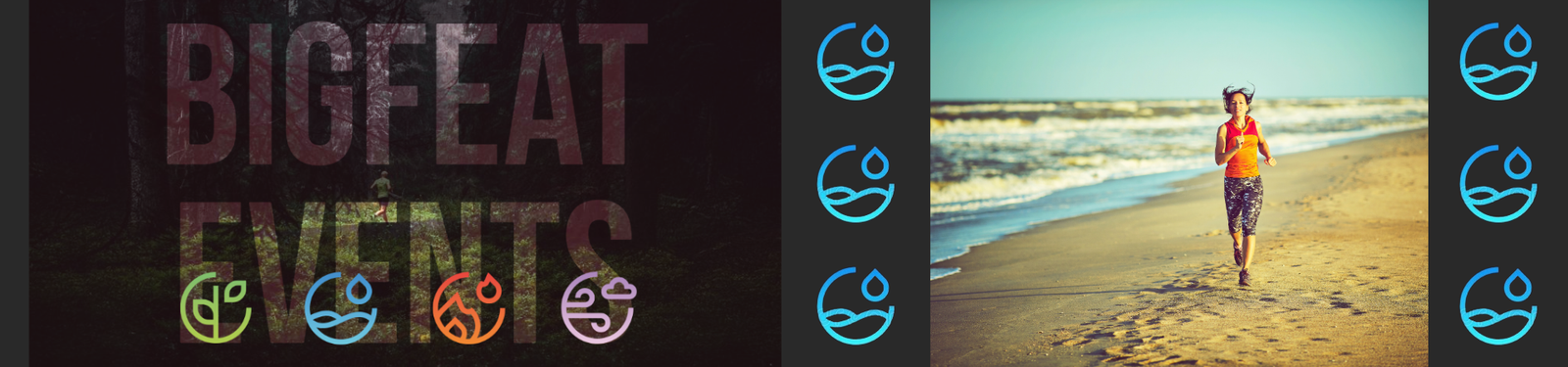 Split image: Left side shows "BIG FEAT EVENTS" over a dark forest with colorful logos below. Right side shows a person jogging on a beach by the ocean, wearing a red jacket. Circular logos featuring a stylized runner border the image.