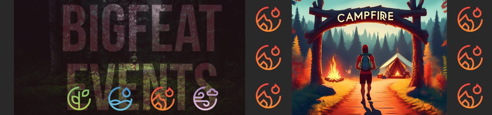 A split image: left side shows "BIG FEAT EVENTS" in large, bold letters over a dark forest background with five colorful icons below; right side depicts a hiker approaching a glowing "CAMPFIRE" campsite under an arch at dusk.