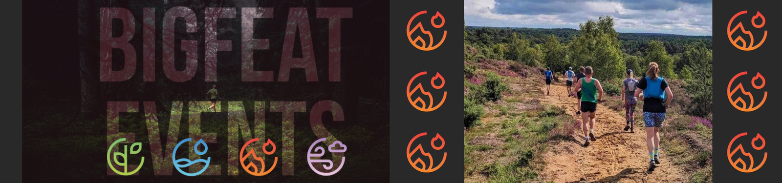 A banner showing the text "Big Feat Events" against a forest backdrop on the left, and people running on a trail through a scenic landscape on the right. Colorful event logos line the top and bottom of the banner.