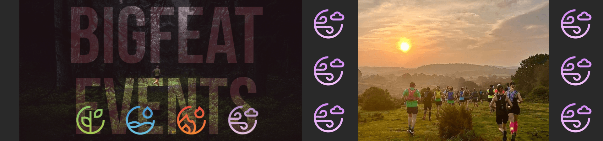A split image. Left: "Bigfeat Events" text with colorful trail-themed icons beneath, set against a dark forest background. Right: Runners on a trail with a scenic view of a sunset over hills, surrounded by circular tree face logos.