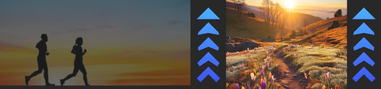 Two people jogging at sunset on the left; a scenic sunrise landscape with a winding path through fields and hills on the right. Blue upward arrows run vertically along both sides of the image.