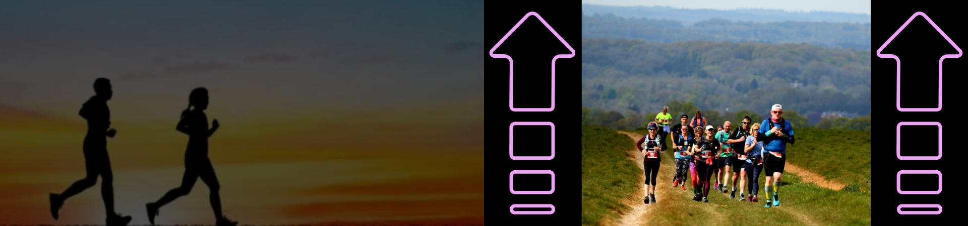 Left side: Silhouettes of two people running at sunset. Right side: A group of people running on a trail in a lush, hilly landscape. Pink arrow graphics are superimposed, pointing upward between the images.