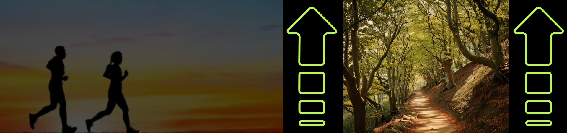 Silhouettes of two people jogging at sunset on the left; a lush, sunlit forest path on the right. Bright green arrows and signs frame the images.