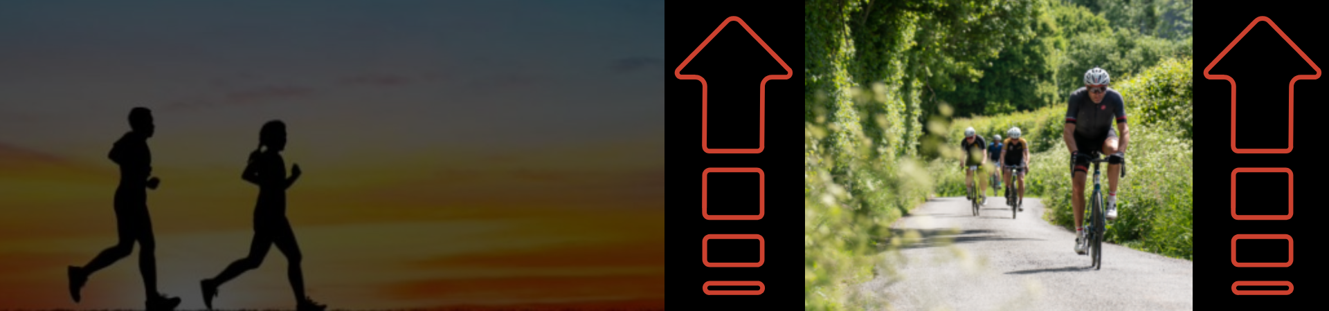 Silhouettes of two people running at sunset on the left. On the right, four cyclists ride on a tree-lined path in daylight. Red arrows with dotted lines point up between the images.