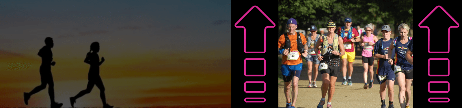 Silhouettes of two people jogging at sunset are on the left. On the right, a group of runners, dressed in athletic gear, are participating in a daytime race. Pink arrows point up between the two scenes.
