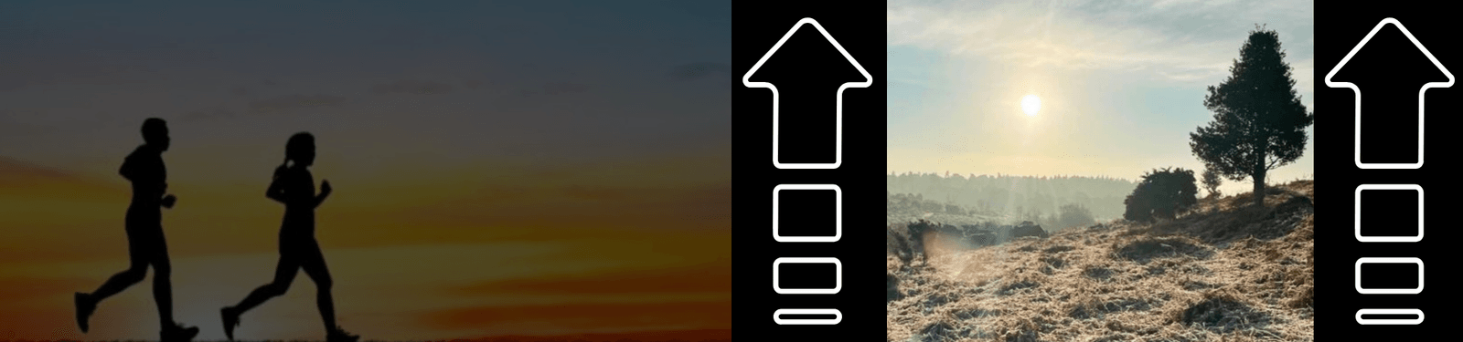 Side-by-side images: on the left, two people jogging at sunrise; on the right, a frosty landscape with trees under a bright morning sun. Large upward-pointing arrows separate and border both images.
