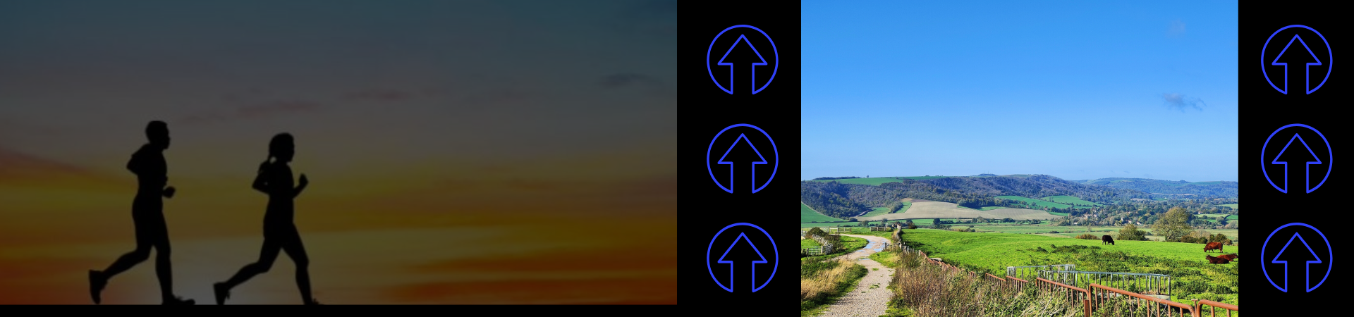 A split image: on the left, two people jogging at sunset; on the right, a rural path winding through green fields and hills under a clear blue sky. Blue arrow symbols border both sides of the image.