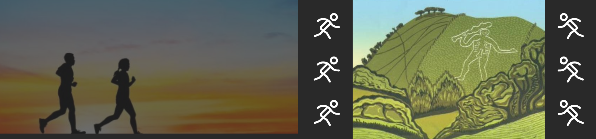 Silhouettes of two people jogging at sunset on the left. On the right, an artistic depiction of a hillside with a large, chalk-like figure. Surrounding are icons of a running figure.