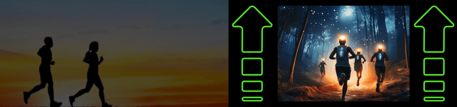 A split image with two portrayals of runners. On the left, two silhouettes run at sunset. On the right, three runners in a forest at night wear headlamps. Green arrows point up along the sides of both images.