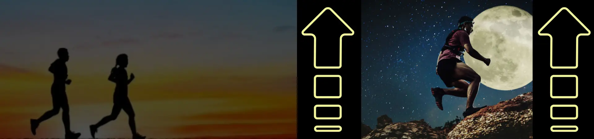 Silhouettes of two people jogging at sunset on the left, and a man running against a full moon on the right. Large upward-pointing arrows separate and border the images.