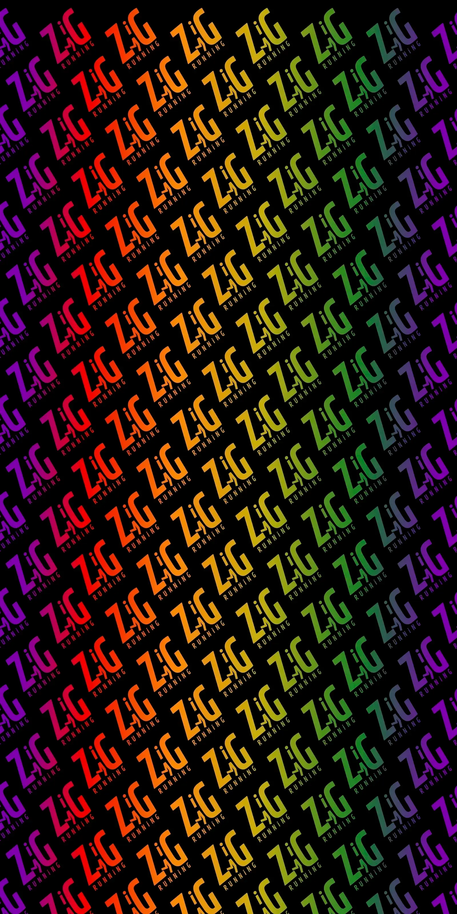 A diagonal pattern of the word "ZIG" repeated many times in a gradient color scheme, transitioning from red through orange, yellow, green, and blue, to purple against a black background.