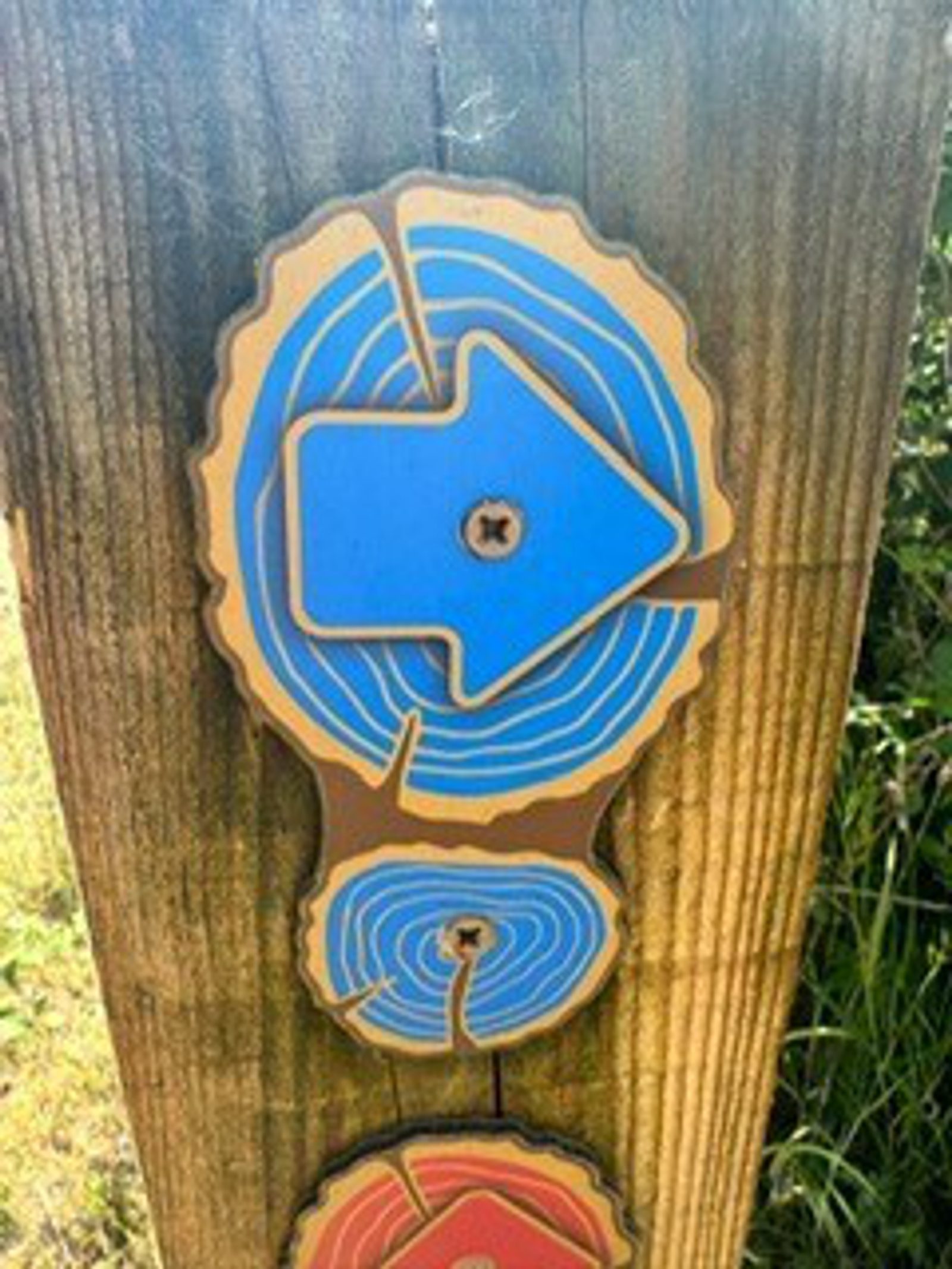 A wooden post with a blue arrow sign, shaped like a tree cross-section, pointing to the right. The sign is attached to the post with a screw in the center.