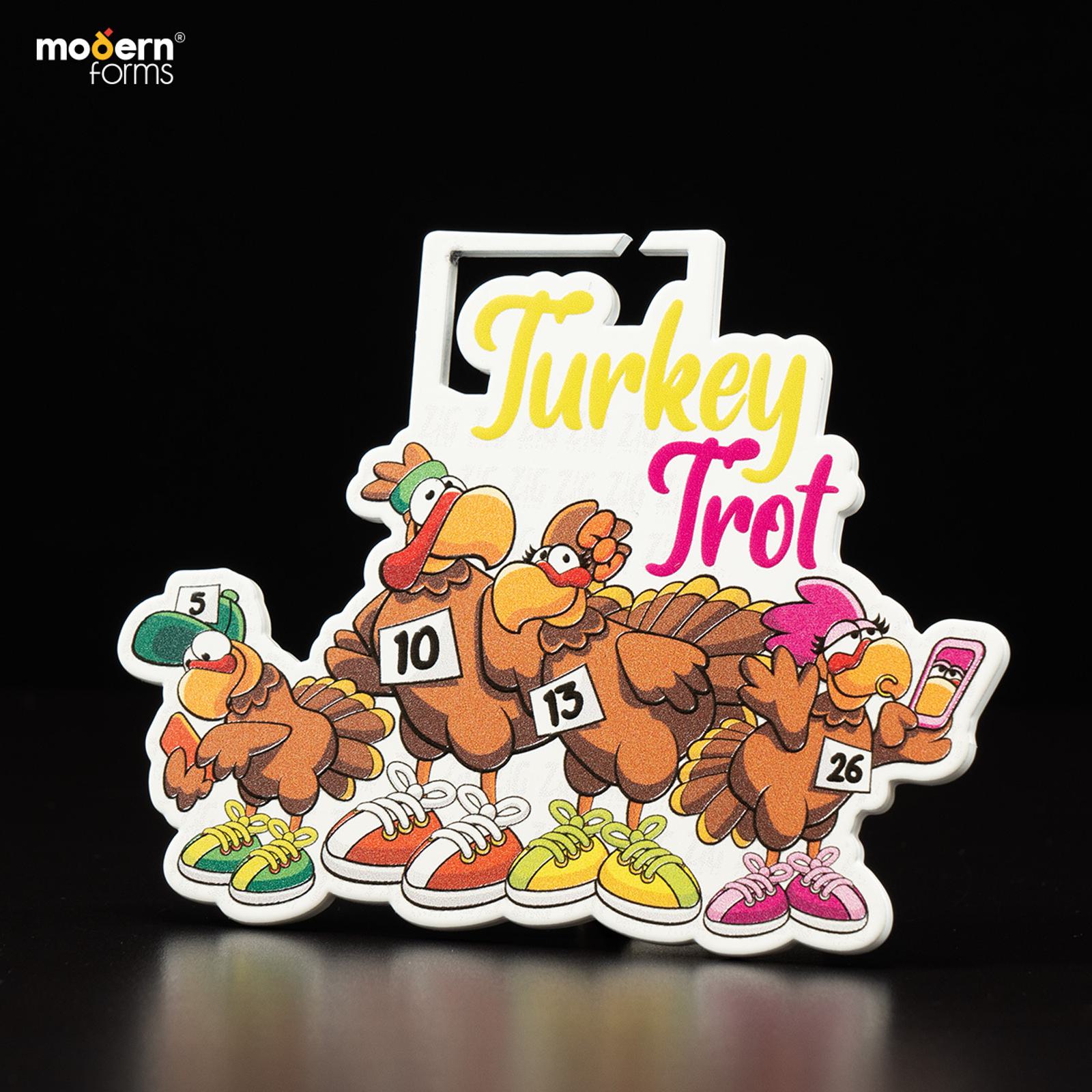 Cartoon turkeys wearing sneakers and race numbers, with "Turkey Trot" in colorful text above them. The turkeys are in different poses and expressions, each with a distinct shoe color, set against a black background.