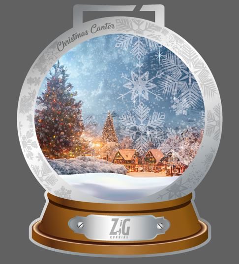 A snow globe with a winter village scene, snowy trees, twinkling lights, and snowflakes on the glass. The base is brown with a silver plate labeled "ZIG KUMIS." Text above reads "Christmas Center.