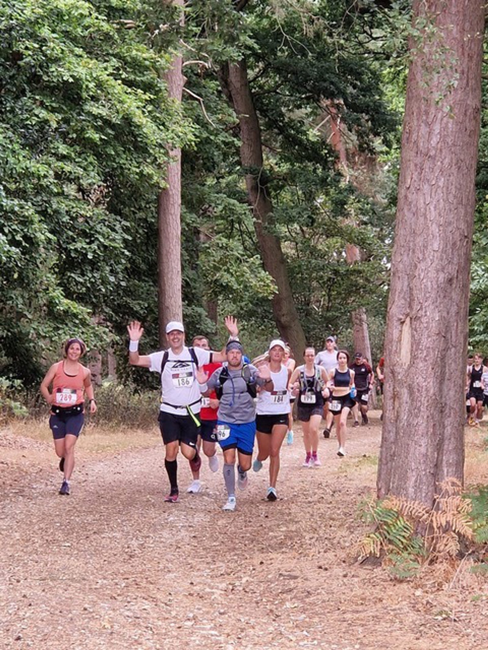 A group of runners race through a wooded trail. Some runners have their arms raised, smiling and cheering, while others are focused on the path ahead. They are all wearing race bibs and athletic gear. The scene is surrounded by tall trees and fern bushes.