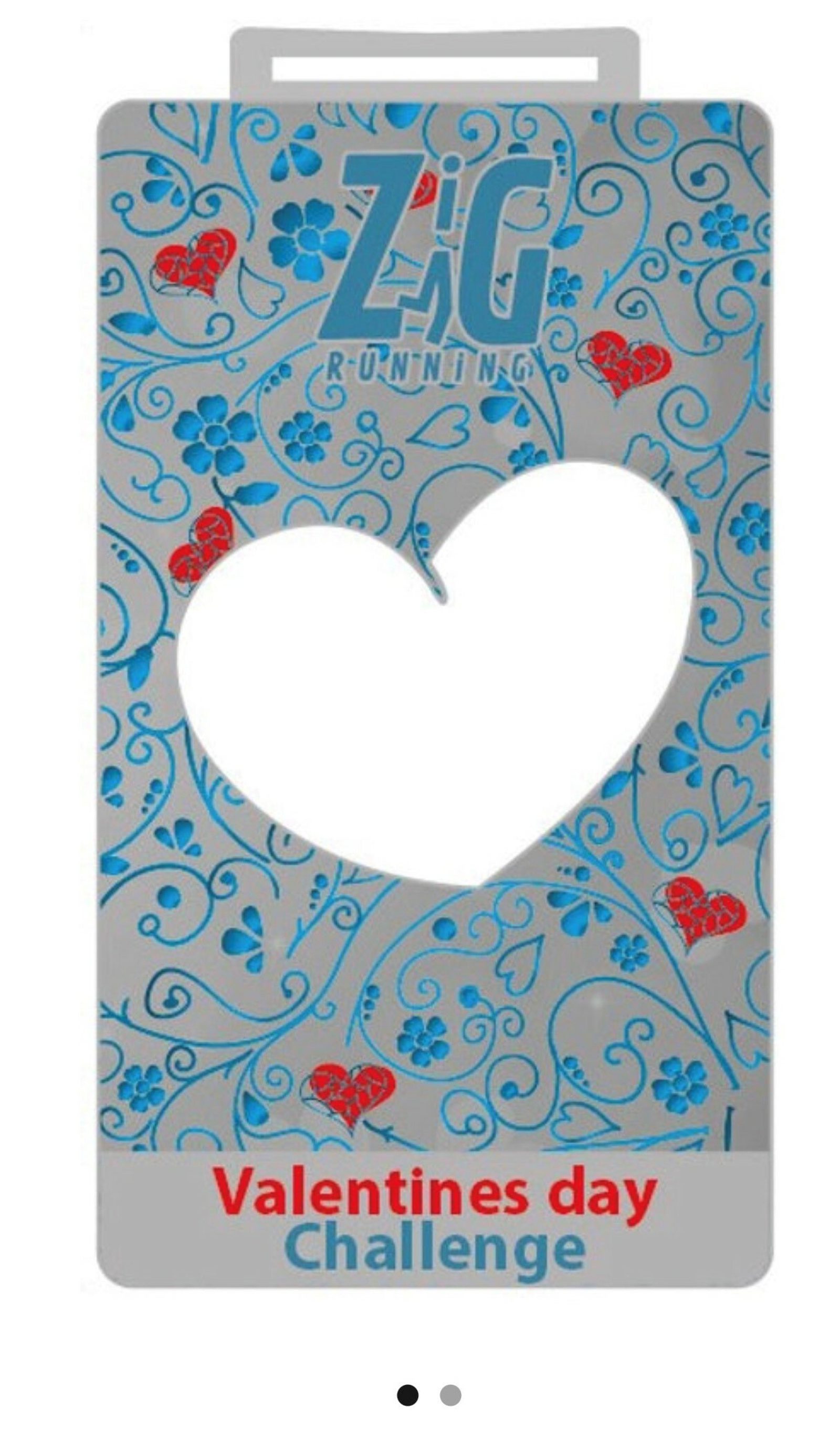 A decorative sign for a Valentine's Day challenge by Z&G Running. The sign features a heart-shaped cutout in the center, adorned with blue floral patterns and red hearts, with "Valentine's day Challenge" written at the bottom in red text.