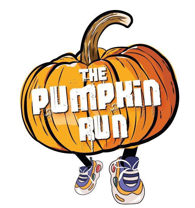 Illustration of a pumpkin with legs and feet wearing running shoes, accompanied by the text "The Pumpkin Run" in bold, white letters across the front of the pumpkin. The background is white.