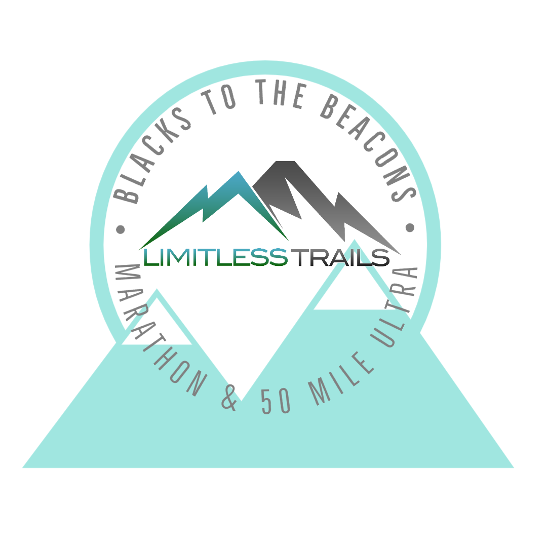 The logo features the text "Blacks to the Beacons" at the top and "Marathon & 50 Mile Ultra" at the bottom, encircling a mountain design with the words "Limitless Trails" in the center. The mountains and text appear in shades of teal, turquoise, and gray.