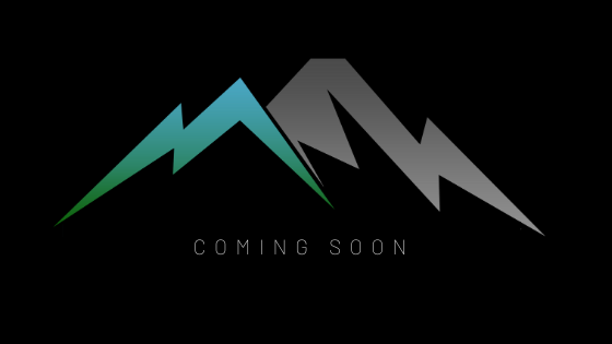 A logo featuring stylized mountain peaks, with one peak in green and the other in gray, set against a black background. The text "COMING SOON" is written below the mountains in a minimalist font.