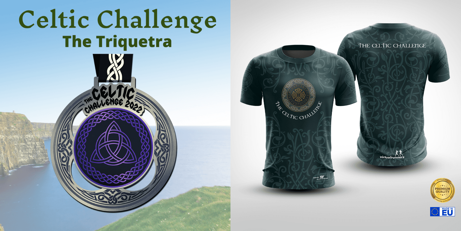 A promotional image for the Celtic Challenge 2023: The Triquetra. On the left, a silver medal with a purple triquetra design. On the right, front and back views of a green, Celtic-themed T-shirt. Background shows cliffs and ocean, with various logos at the bottom right.