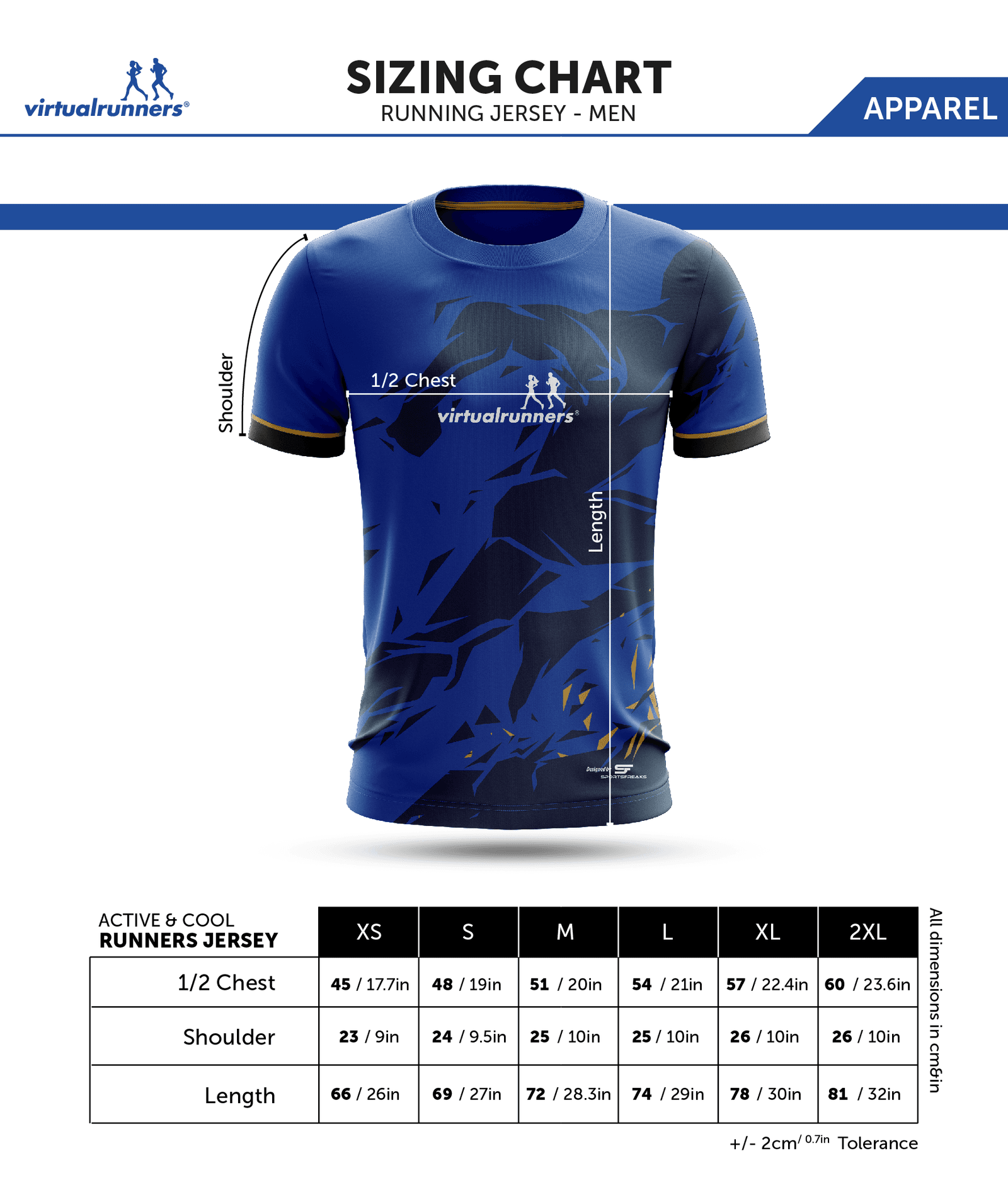 A sizing chart for men's running jerseys from "virtualrunners." The chart shows measurements for XS to 2XL sizes, including 1/2 Chest, Shoulder, and Length in both inches and centimeters. The jersey displayed is blue with black and gold accents.