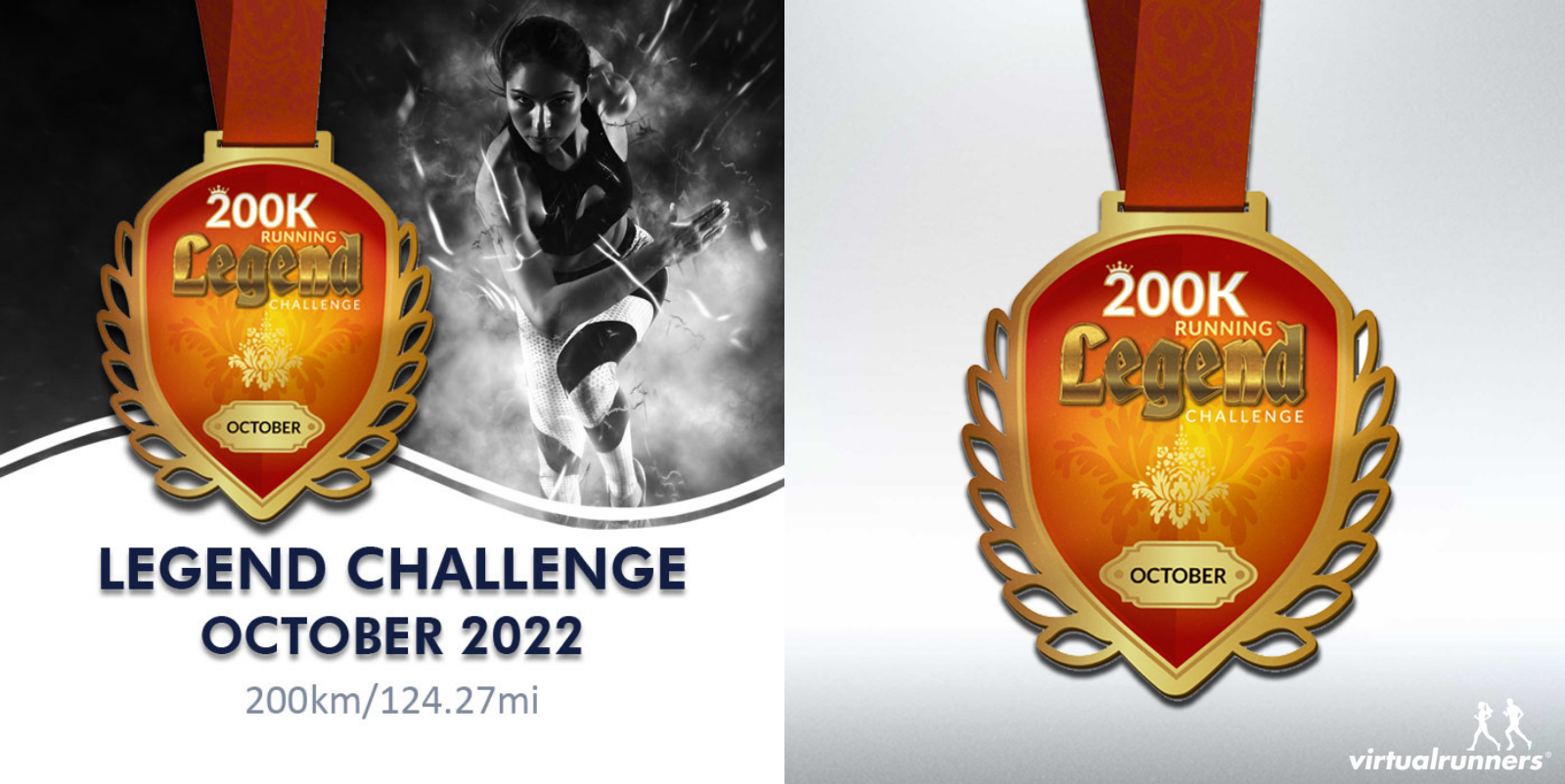 An image promoting the 200K Running Legend Challenge for October 2022. It features a bronze medal with "200K Running Legend Challenge October" inscribed on it. To the left, an athlete running is shown in the background. The text reads "LEGEND CHALLENGE October 2022 200km/124.27mi.