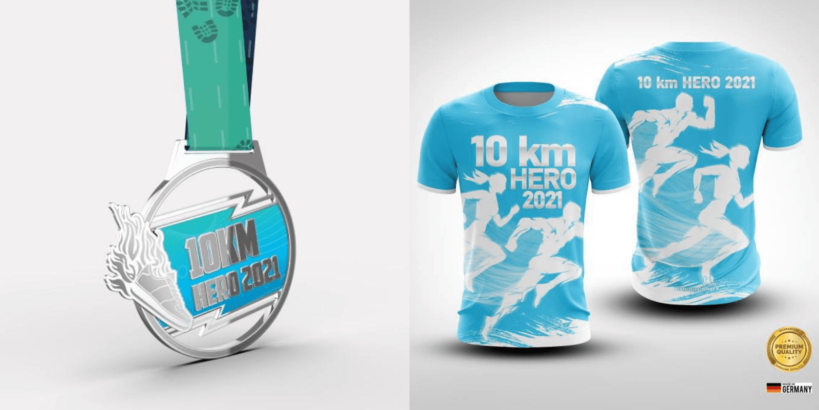 The image shows a 10 km Hero 2021 event medal and two event T-shirts. The left side displays a silver medal with "10 km HERO 2021" text. The right side shows two blue T-shirts with white runner silhouettes and the text "10 km HERO 2021" on the front and back.