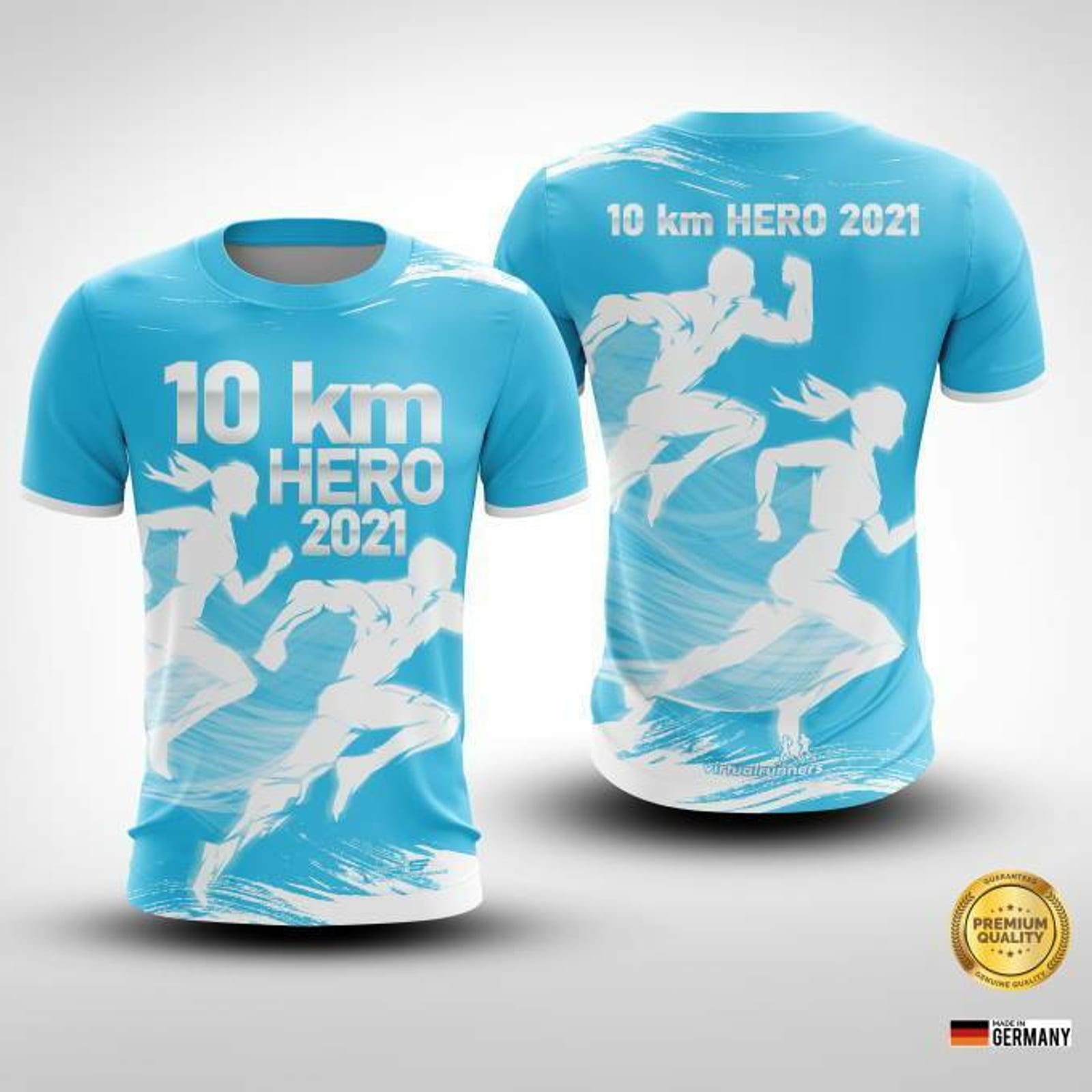 Two blue t-shirts emblazoned with "10 km HERO 2021" text and running figures in white. The front displays the text and three runners, the back showcases a single runner. A badge indicates "Premium Quality." Flag of Germany displayed at the bottom right.