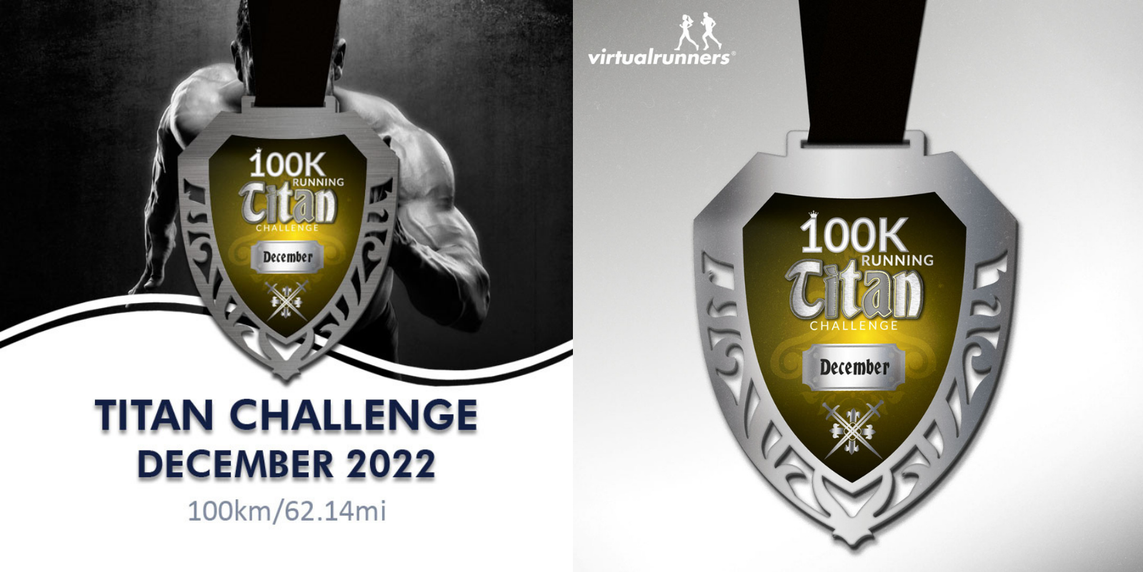 A shield-shaped medal for the "100K Running Titan Challenge" features ornate designs and the text "December" on the front. The background shows a muscular figure and the "Virtual Runners" logo. Text below the medal states "TITAN CHALLENGE DECEMBER 2022, 100km/62.14mi.