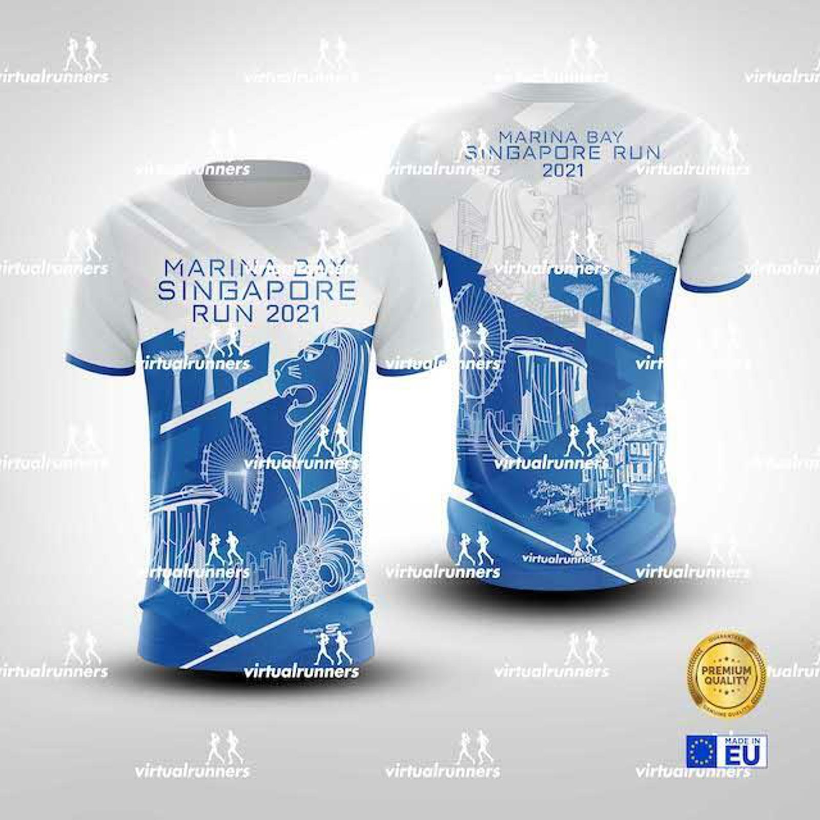 Front and back view of a white and blue race T-shirt for the "Marina Bay Singapore Run 2021" with illustrations of Singapore landmarks like the Merlion. The back has a similar design with runner silhouettes and event details. Logos of associated sponsors are present.