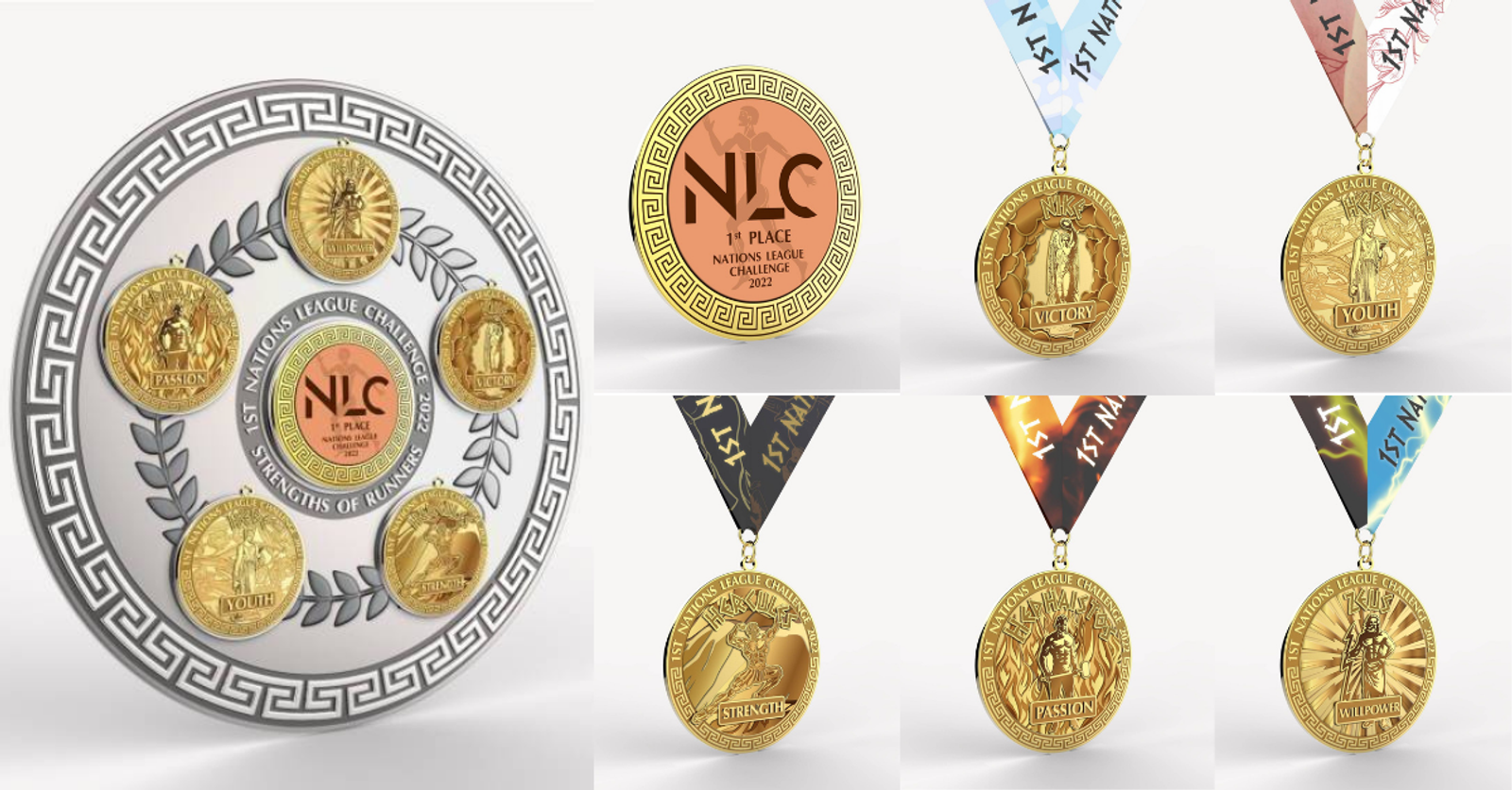 A circular display of medals highlighting the Nations League Ethos values: "Faith," "Service," "Education," "Courage," "Spirit," and "Youth." Separate images show six gold medals featuring these values with different ribbon colors.