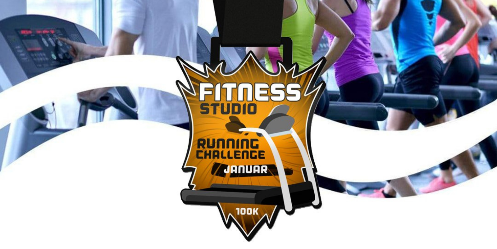 A fitness challenge badge labeled "Fitness Studio Running Challenge January 100K" is in the foreground. Behind the badge, several people exercise on treadmills in a gym, wearing athletic clothing.