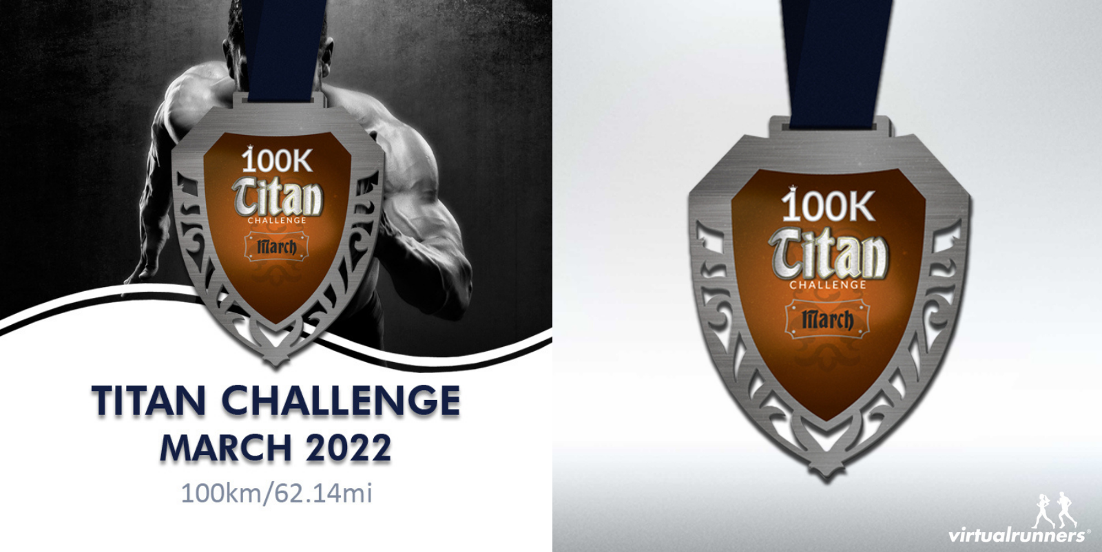 An image features a Titan Challenge medal for March 2022. The left side shows a soldier holding part of the medal. The right side shows a close-up of the medal hanging from a blue ribbon, with "100K Titan Challenge March" engraved on it. The bottom says "virtualrunners.