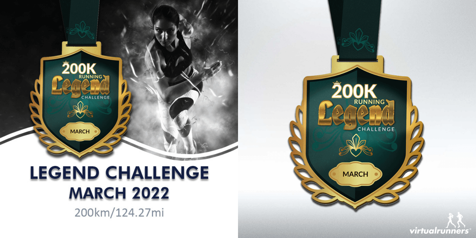 A two-part image showing a "200K Legend Challenge March 2022" medal on both sides. The left side features the medal overlaid on a grayscale image of a running athlete. The right side shows a close-up of the medal against a white background, with the "virtualrunners" logo in the bottom right corner.