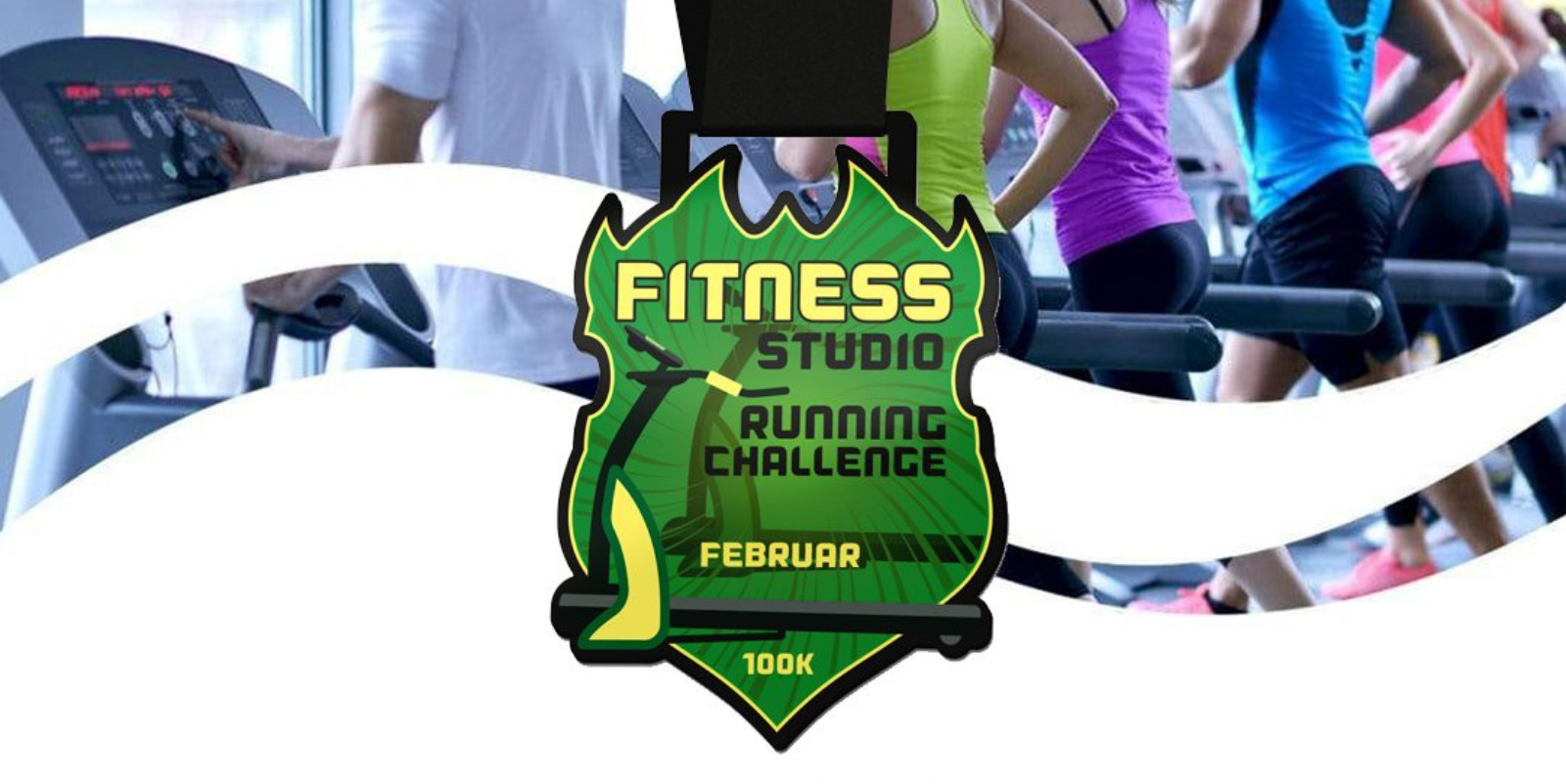 A fitness studio scene showing people running on treadmills with a green-themed "Fitness Studio Running Challenge" badge overlay in the center. The badge includes details: "February" at the top and "100K" at the bottom.
