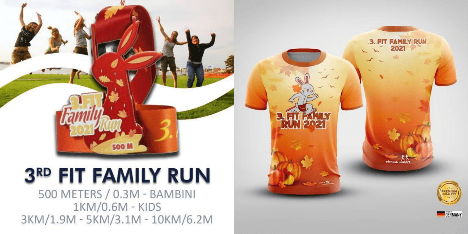 A promotional image for the "3rd Fit Family Run 2021." The left side shows a group of people jumping joyfully behind a race medal with a reindeer design. The right side displays the event's orange gradient T-shirts with the same reindeer logo and event details.