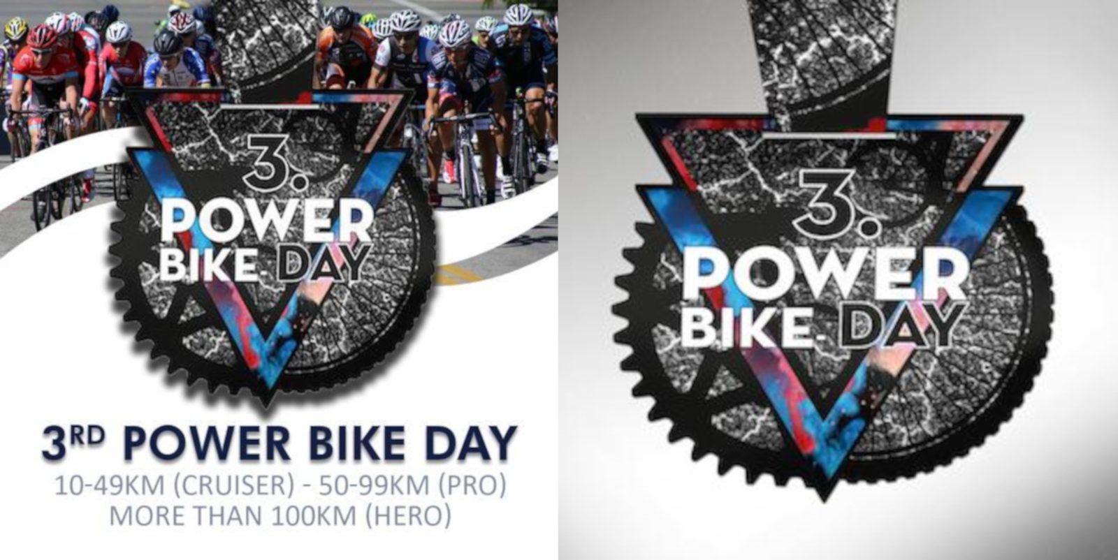 The left side of the image shows a group of cyclists racing, while the right side displays a logo for the "3rd Power Bike Day". The event features three categories for distances: Cruiser (10-49km), Pro (50-99km), and Hero (more than 100km).