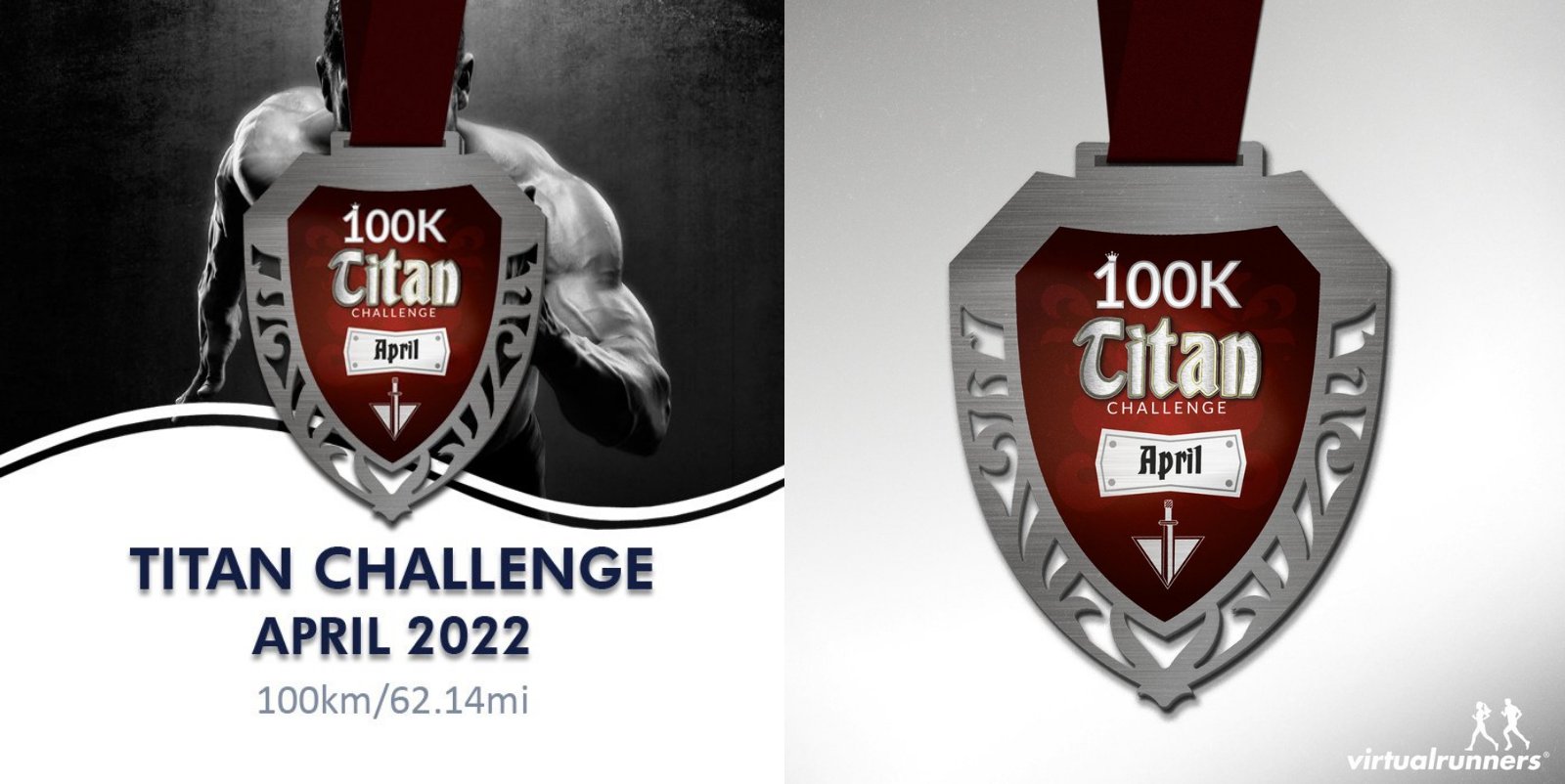 A promotional image for the "Titan Challenge April 2022." It features a silver medal with a red and gray design and the text "100K Titan Challenge April" on a red background. The distance "100km/62.14mi" is noted below.