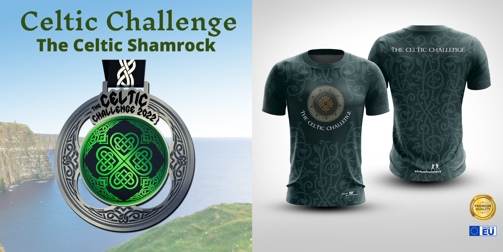 Split image: Left side features a close-up of a medal for "The Celtic Challenge 2023" with intricate green patterns and a shamrock, set against a coastal backdrop. Right side shows front and back of a green shirt with Celtic designs and event branding.