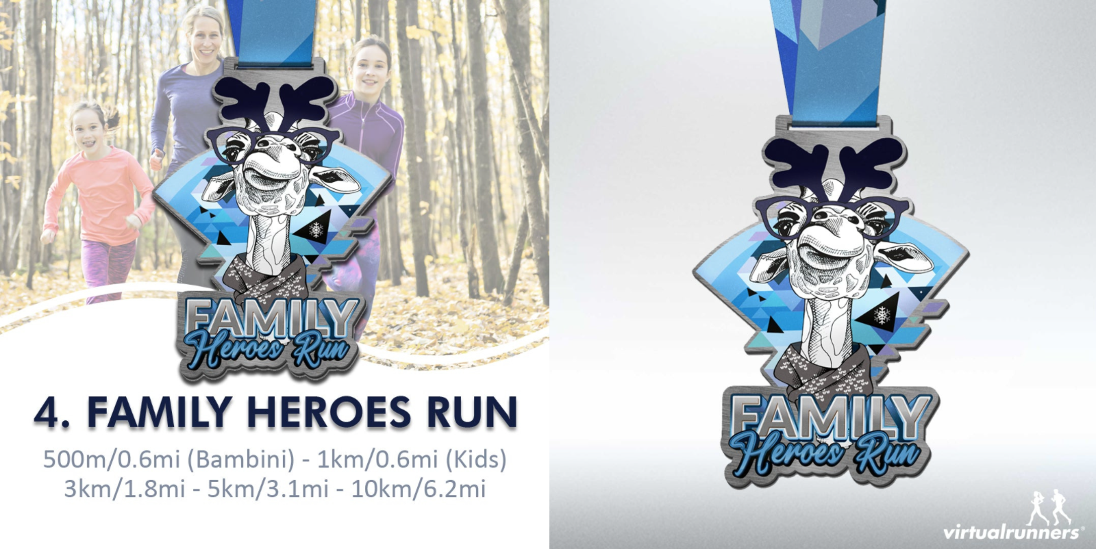 Two images: Left shows three people running in a forest. Right displays a medal with a blue ribbon, featuring a cartoon giraffe and "Family Heroes Run" text. Bottom text provides run distances: 500m/0.6mi(Bambini), 1km/0.6mi(Kids), 3km/1.8mi - 5km/3.1mi - 10km/6.2mi.