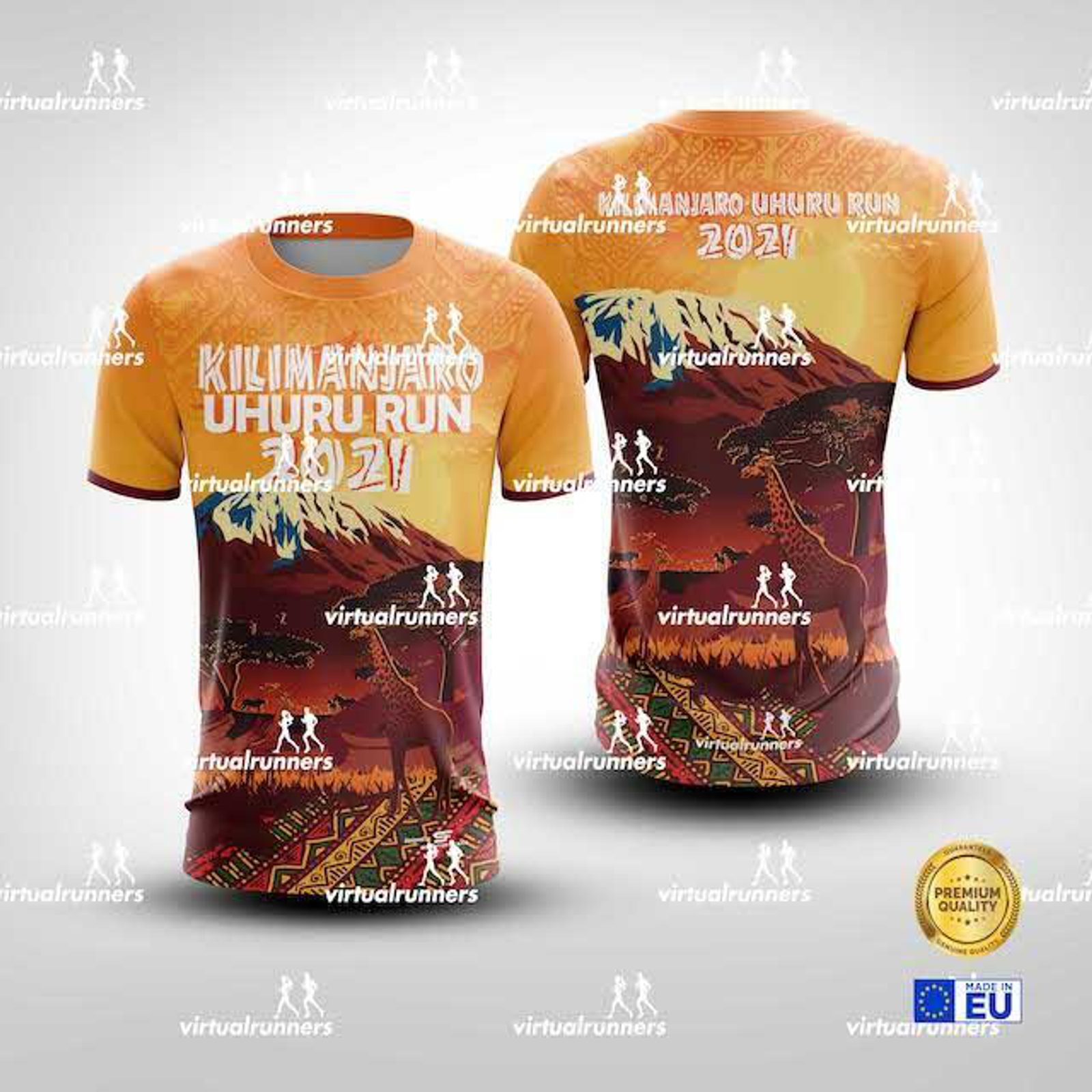 Two athletic shirts are displayed. The front reads "Kilimanjaro Uhuru Run 2021" alongside a mountain illustration. The back has a lush landscape with runners and "Kilimanjaro Uhuru Run 2021." Both shirts feature the "virtualrunners" logo, promoting a virtual running event.