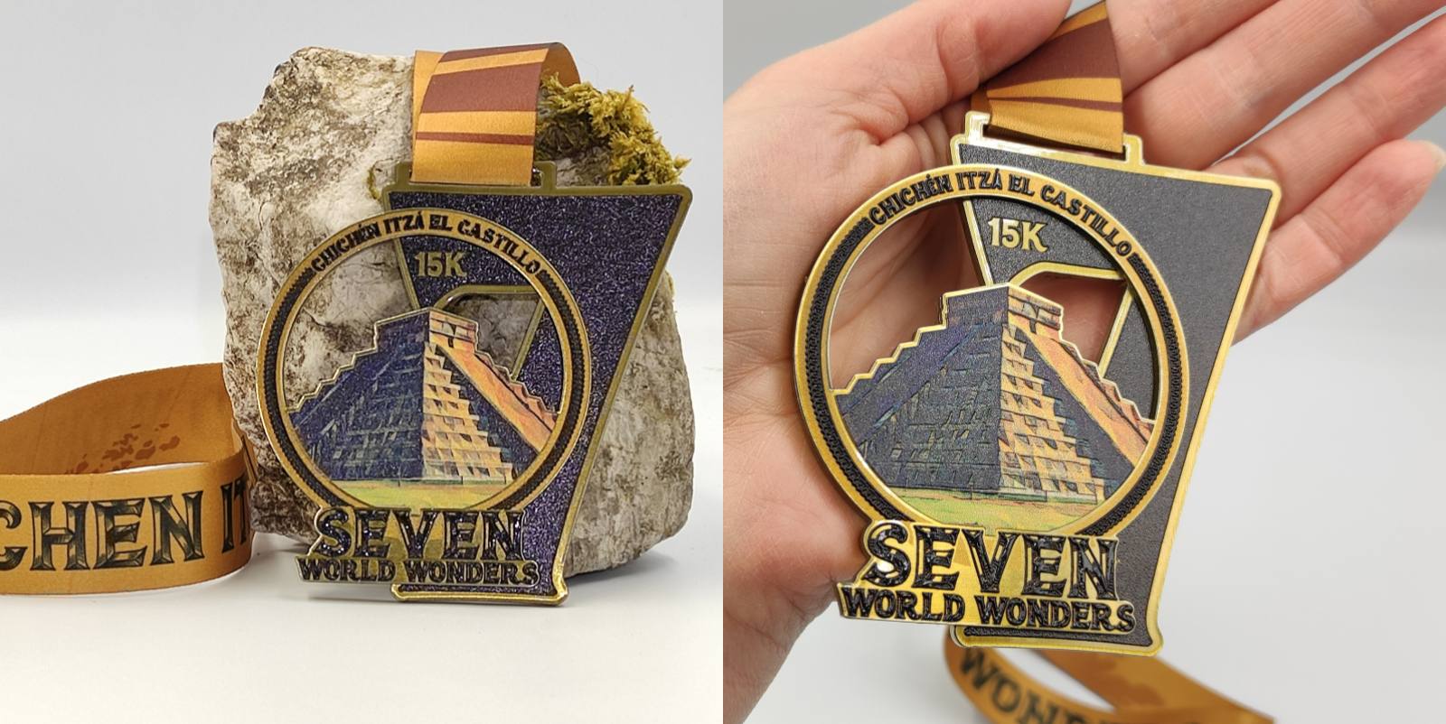 A medal with the image of a pyramid, labeled "CHICHEN ITZA EL CASTILLO 15K," and "SEVEN WORLD WONDERS." The medal has intricate details, a colorful design, and is attached to a matching yellow and brown ribbon. The background shows a rock and moss.