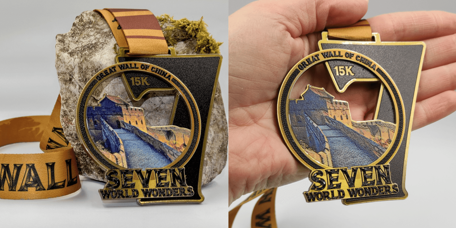 A medal with a brown and gold ribbon reads "GREAT WALL OF CHINA" and "SEVEN WORLD WONDERS" with "15K" at the top. The front displays an artistic depiction of the Great Wall of China. One photo shows the medal against a rock, and the other held in a hand.