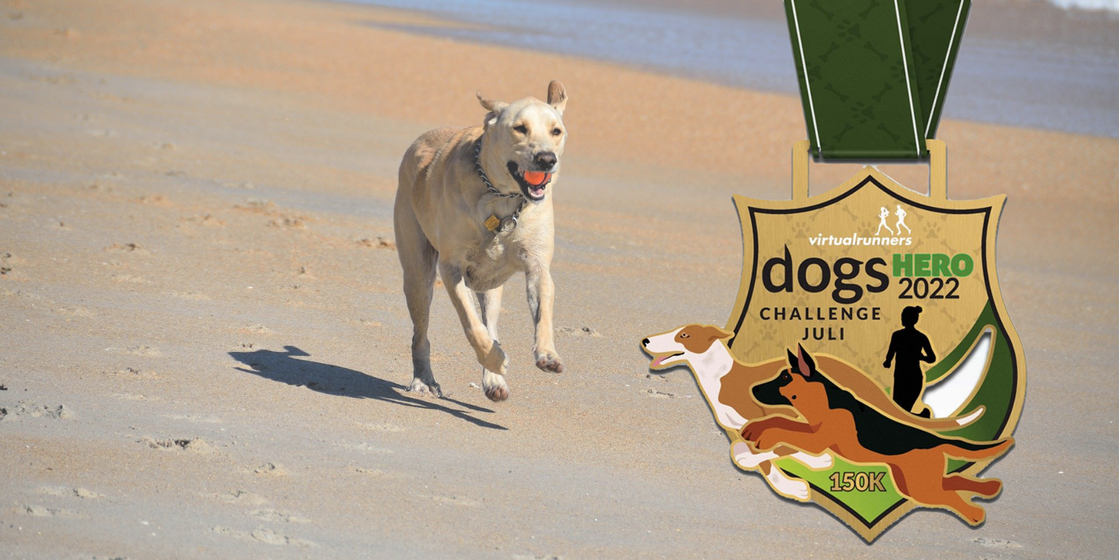 A happy dog runs on a sandy beach beside an overlay of a green and gold medal that reads "Virtualrunners dogs HERO 2022 Challenge Juli 150K." The medal features illustrations of a running dog, a person, and two dogs in different poses.