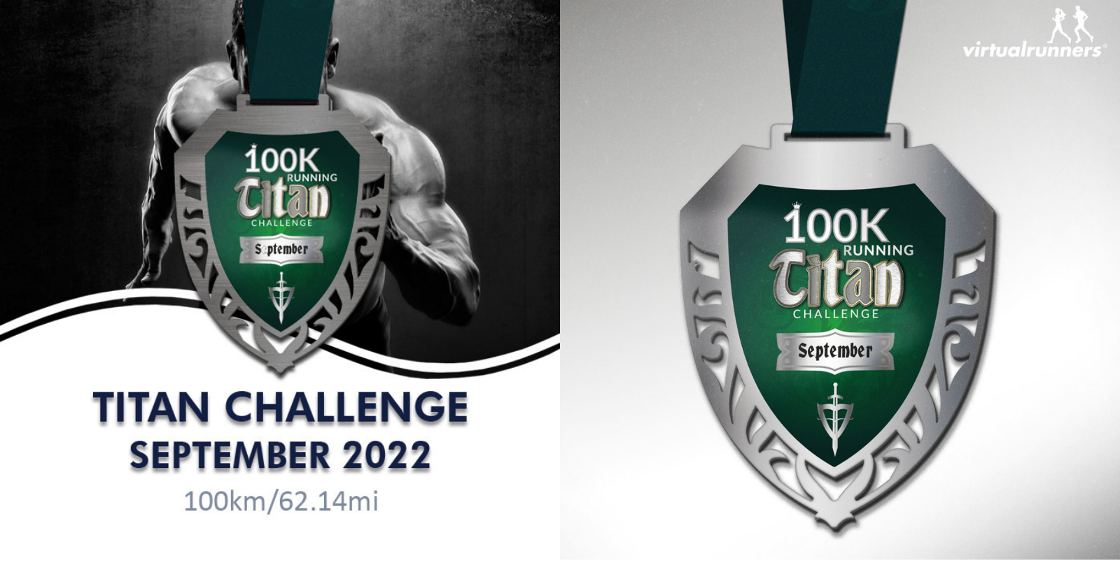 A promotional image for the Titan Challenge September 2022. On the left, the event title and distance of 100km/62.14mi are displayed. On the right, a close-up of the event medal features "100K Running Challenge," "September," and a sword graphic on a green background.