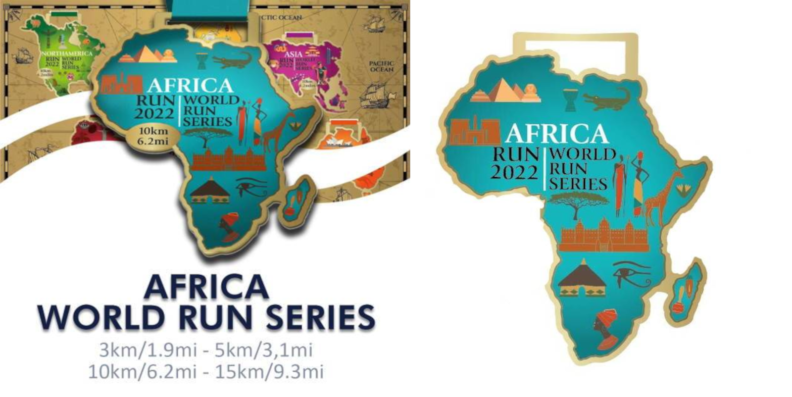 An image promoting the "Africa World Run Series" 2022 with a map of Africa and various landmarks highlighted. Event distances include 3km/1.9mi, 5km/3.1mi, 10km/6.2mi, and 15km/9.3mi. The right side features a medal in the shape of Africa with similar landmarks.